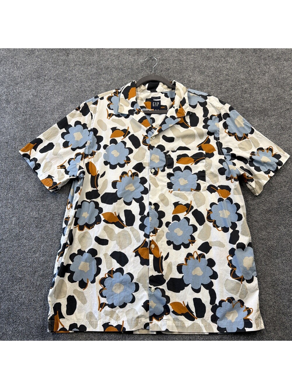 Gap Floral Camp Shirt Mens XL Blue White Short Sleeve Button Up Stretch